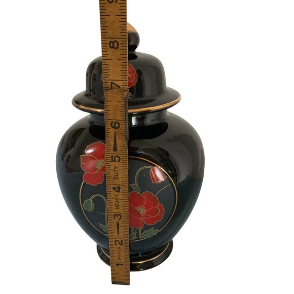 Vintage Japanese Fine China Lidded Ceramic Ginger Jar Black Gold Red Poppy - Picture 8 of 9